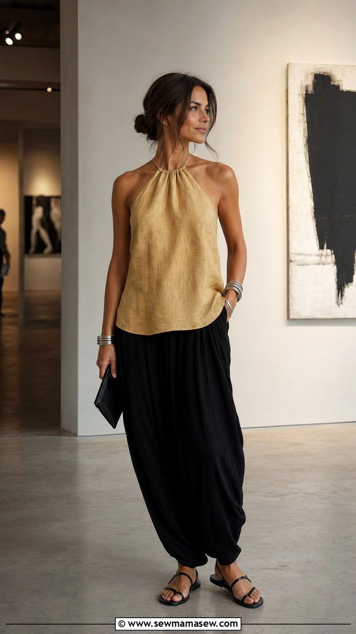 Golden Linen Halter Top and Black Sarouel Pants - 35 Quiet luxury outfit ideas summer 2026