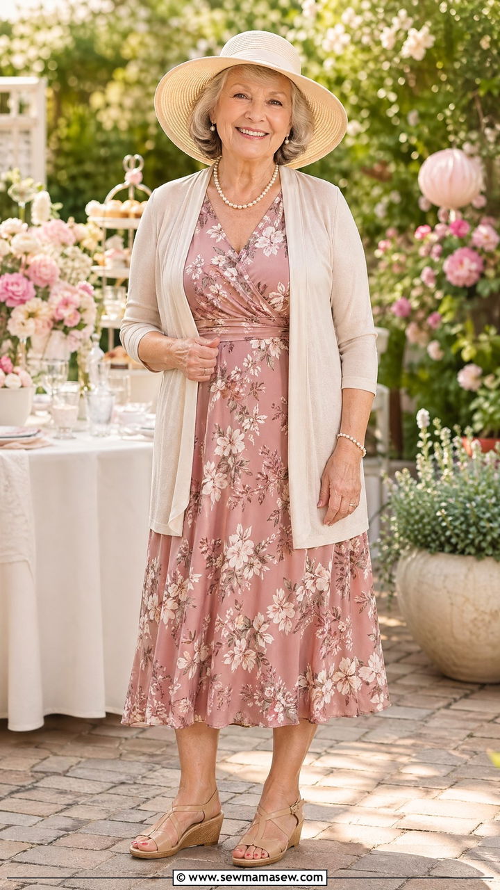 Grandmother Flowy Midi Dress With Cardigan - 35 summer baby shower outfit ideas