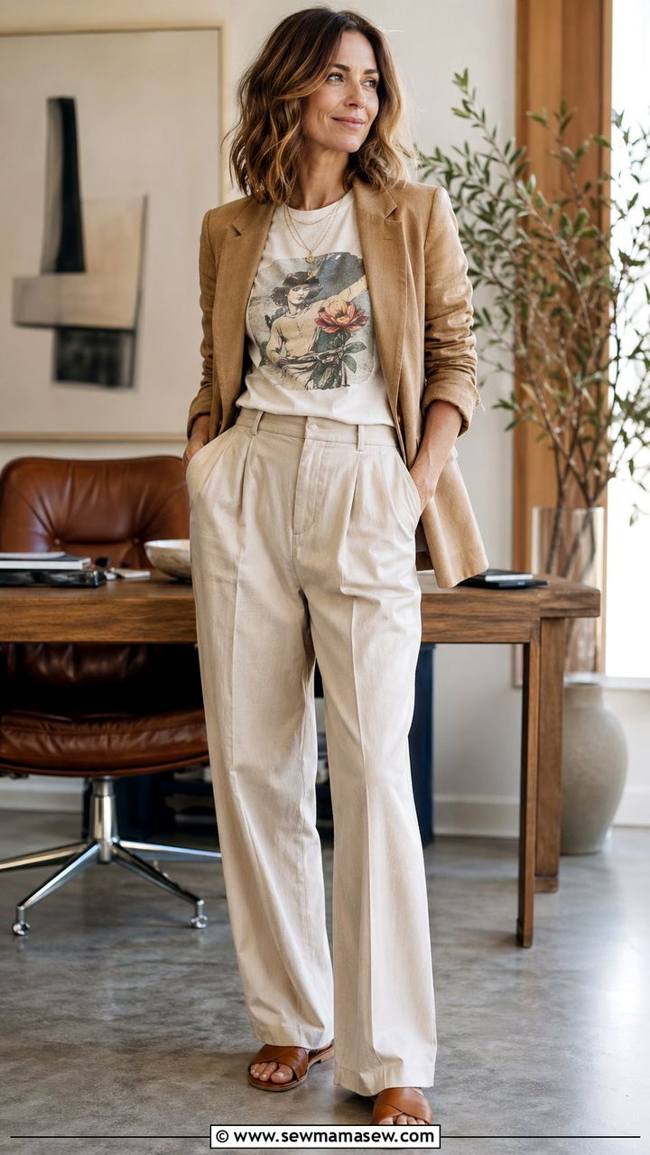 Graphic Baby Tee with Relaxed Trousers and Blazer Outfit - 30 y2k outfit ideas for women over 40