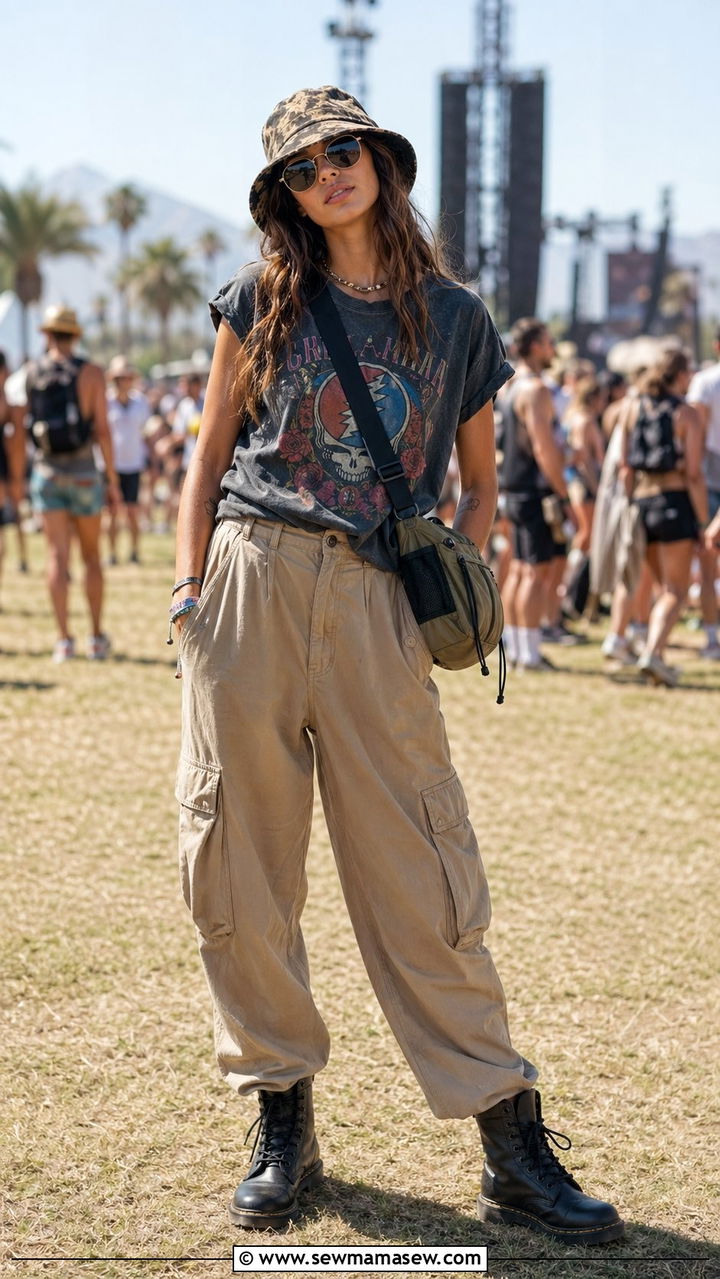 Graphic Band Tee And Cargo Pants Outfit - 35 Music festival outfit ideas 2026