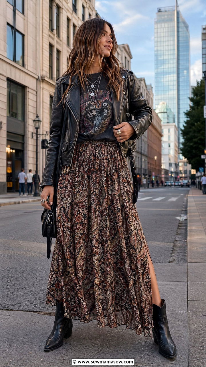 Graphic Band Tee With Maxi Skirt And Leather Jacket - 35 Western boho outfit ideas