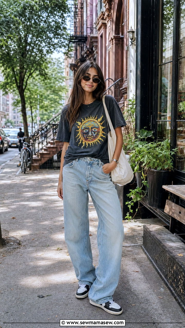Graphic Band Tee and Baggy Jeans - 35 New York summer outfit ideas