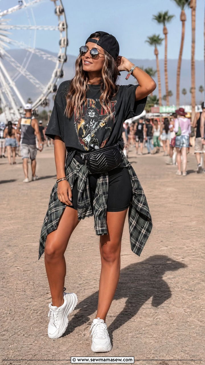 Graphic Band Tee with Bike Shorts Festival Outfit - 35 what to wear to a music festival