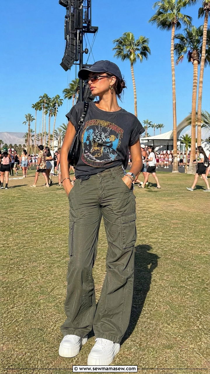 Graphic Band Tee with Cargo Pants and Sneakers - 35 Coachella outfits for women