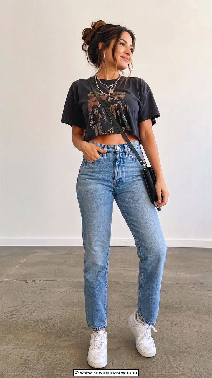 Graphic Band Tee with High Waisted Jeans - 35 spring concert outfit ideas