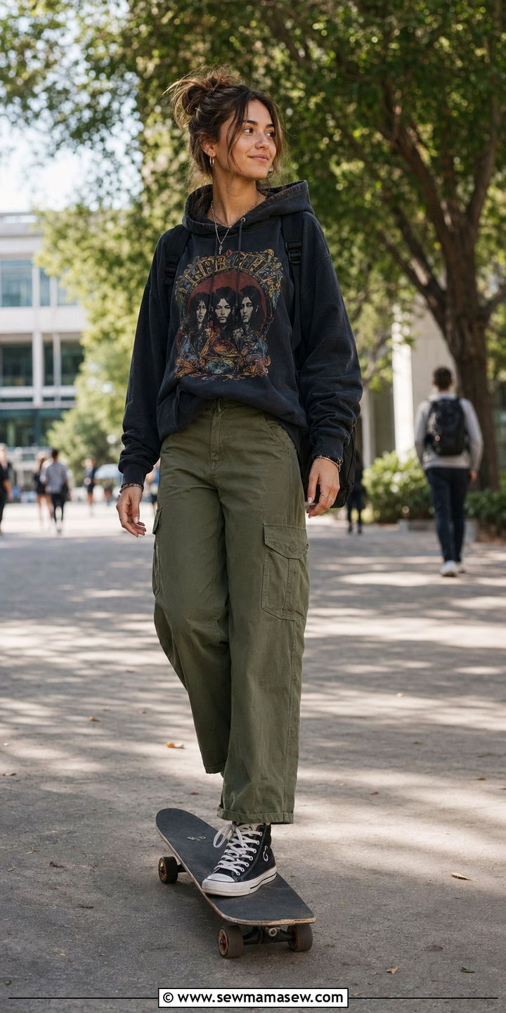 Graphic Hoodie And Cargo Pants Outfit - 35 school outfits for women