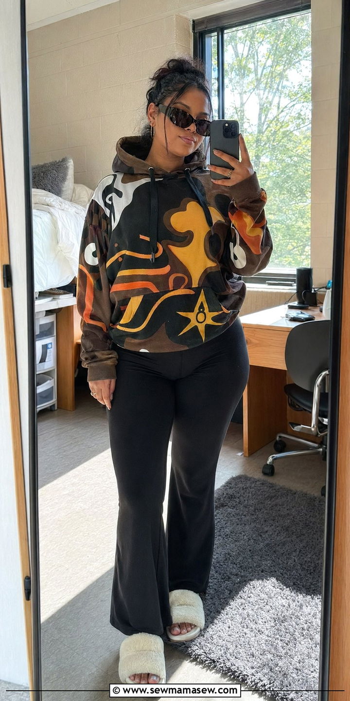 Graphic Hoodie With Flared Yoga Pants And Slides - 30 Back to school outfit ideas plus size college