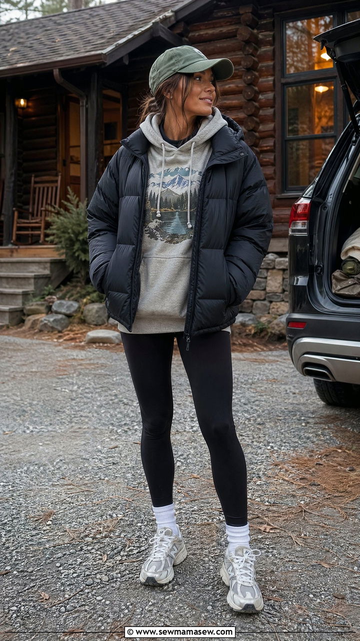 Graphic Hoodie With Puffer Jacket and Leggings - 35 Cozy cabin weekend outfit ideas