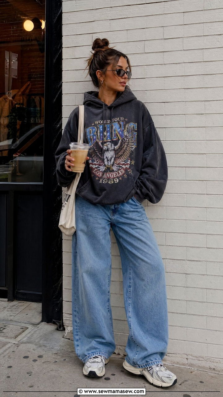 Graphic Hoodie With Wide Leg Jeans and Chunky Sneakers - 40 trendy outfits for women