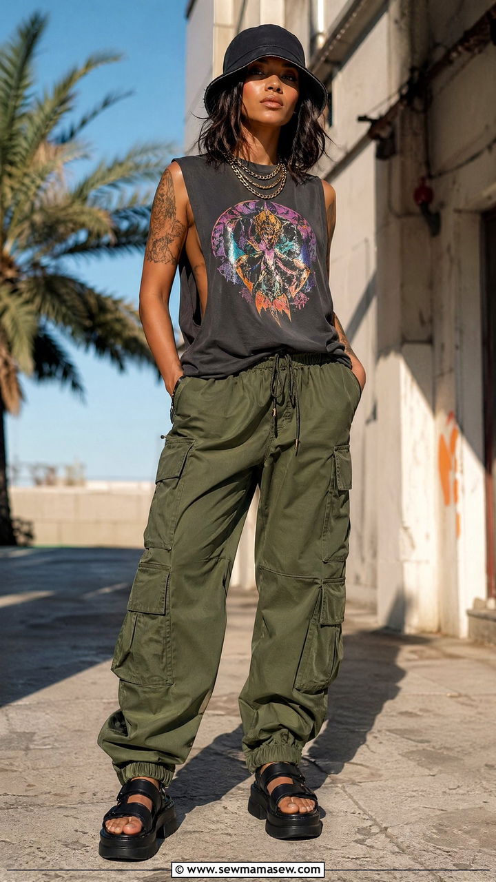 Graphic Muscle Tank With Cargo Pants and Hiking Sandals - 35 what to wear to a concert
