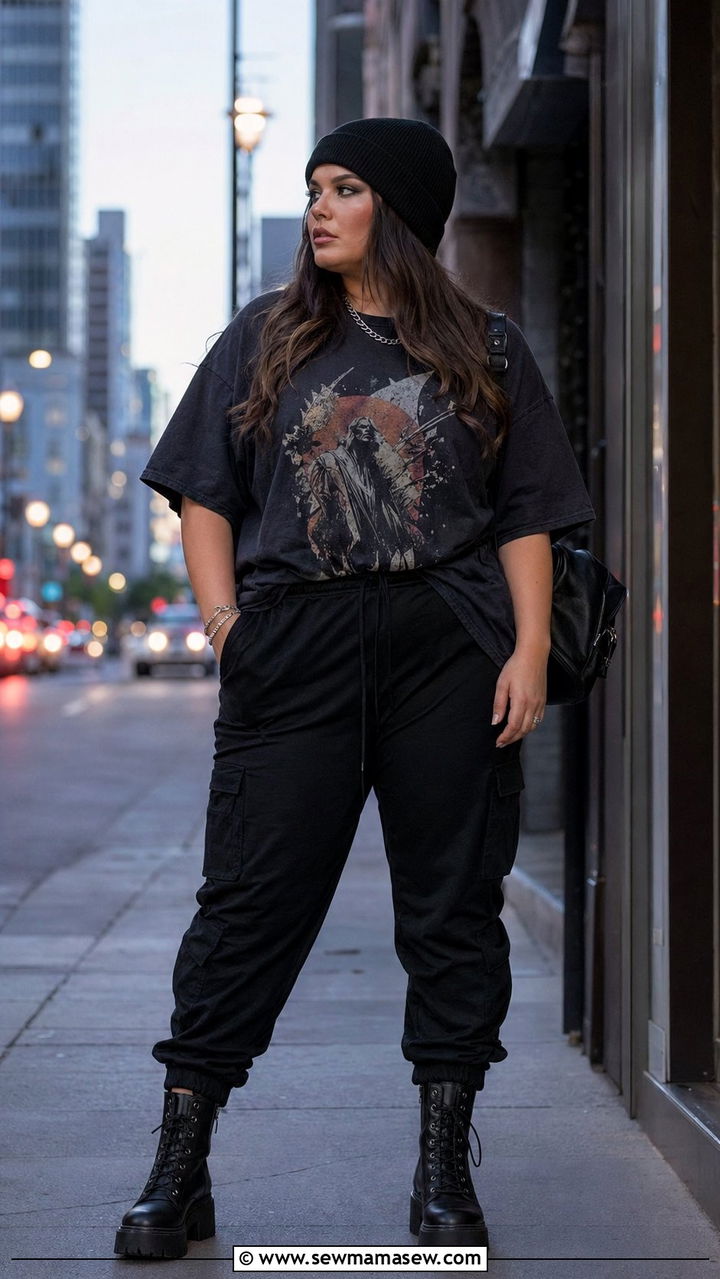 Graphic Oversized Tee with Cargo Joggers and Combat Boots - 35 outfit ideas for plus size women