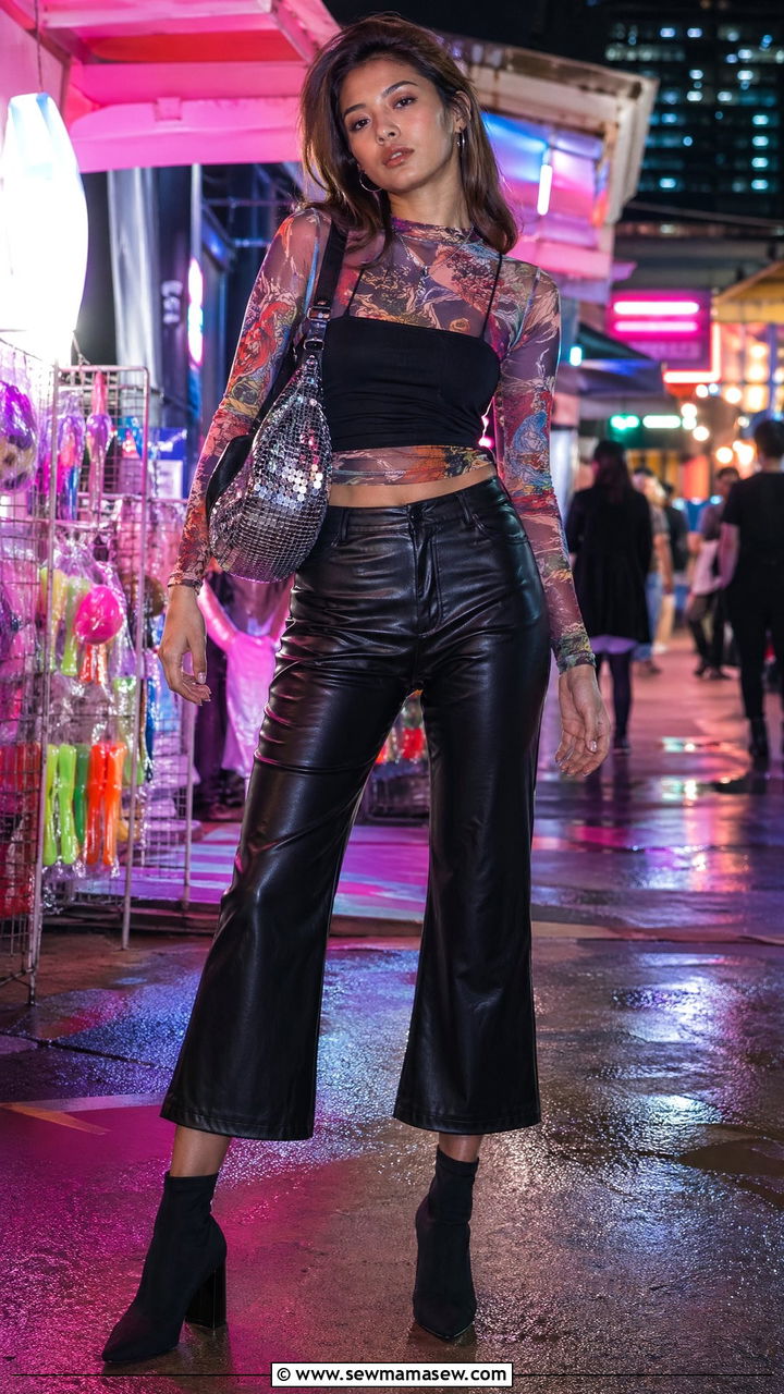 Graphic Print Mesh Top with Flared Leather Pants - 40 spring travel outfit ideas