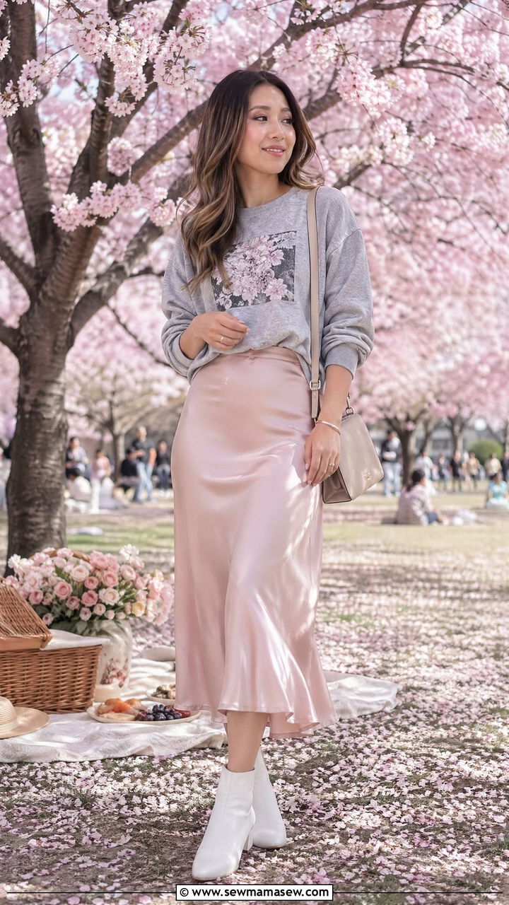 Graphic Sweatshirt And Pink Slip Skirt Outfit Spring Japan - 35 Spring Japan outfit ideas