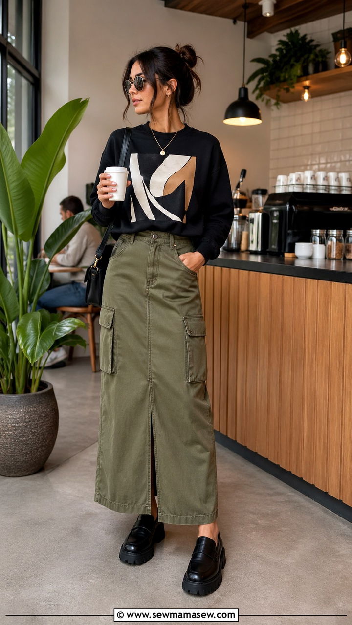 Graphic Sweatshirt With Cargo Skirt And Lug Sole Loafers - 30 spring edgy outfits
