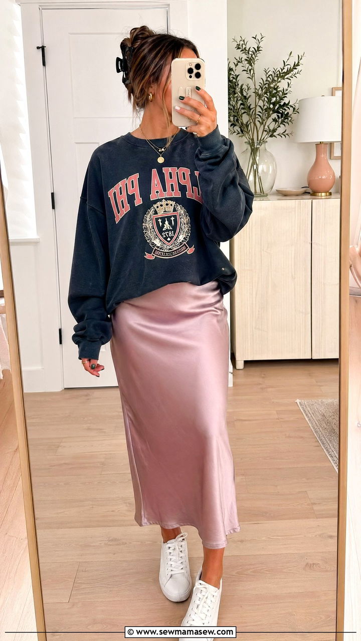 Graphic Sweatshirt With Satin Slip Skirt For Game Night - 35 Sorority outfit ideas
