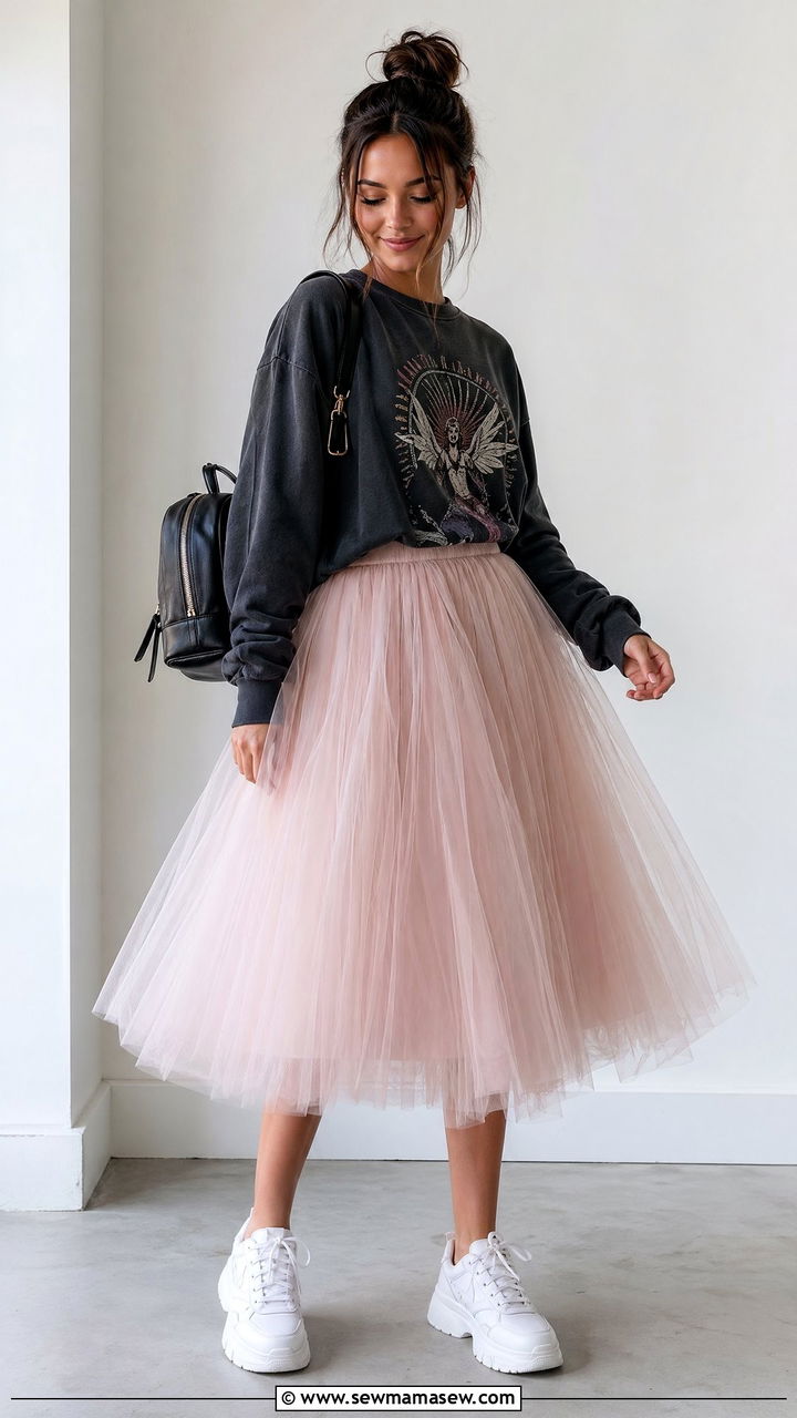 Graphic Sweatshirt With a Tulle Skirt and Chunky Sneakers - 35 what to wear to a concert