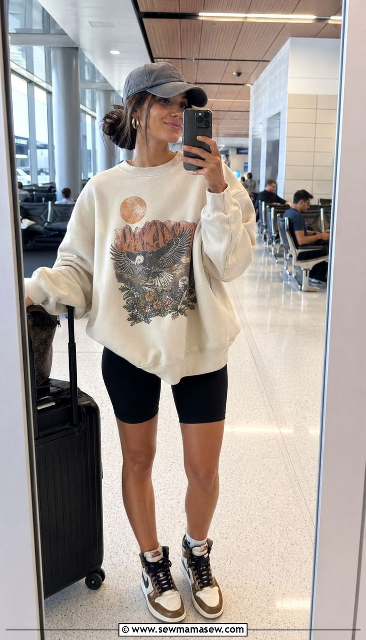 Graphic Sweatshirt and Biker Shorts Airport Outfit - 30 Athleisure outfit ideas airport