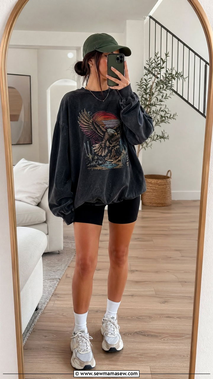 Graphic Sweatshirt and Biker Shorts With Crew Socks - 35 cute outfits ideas