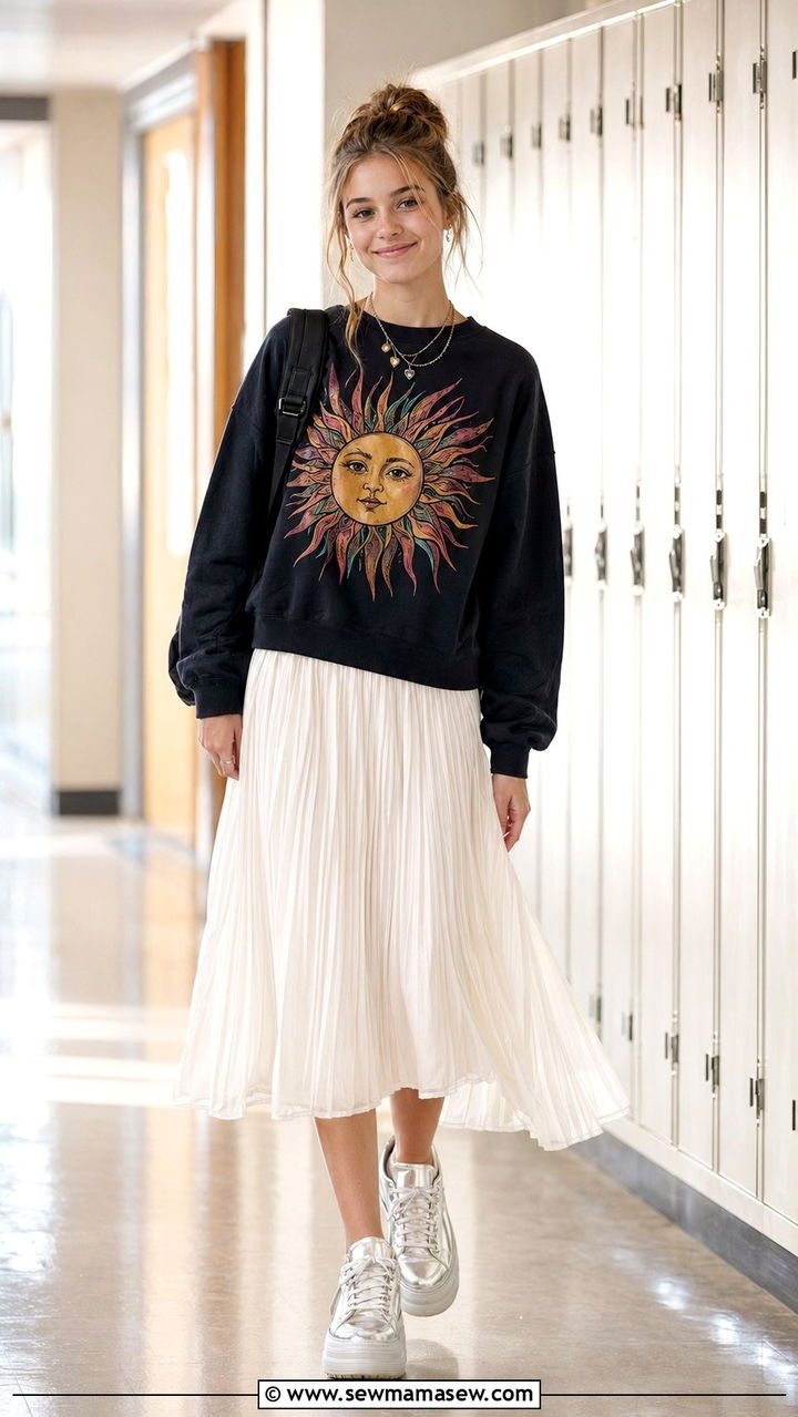 Graphic Sweatshirt and Pleated Midi Skirt School Outfit - 35 School outfit ideas for teens