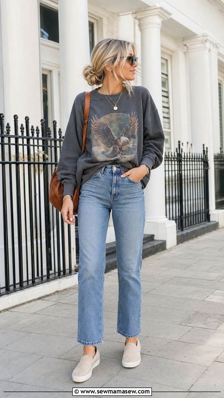Graphic Sweatshirt and Straight Jeans with Slip On Trainers Outfit - 35 mom outfit ideas