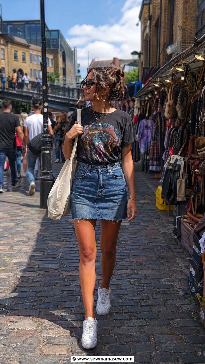 Graphic T Shirt With Denim Miniskirt - 35 Summer London outfit ideas
