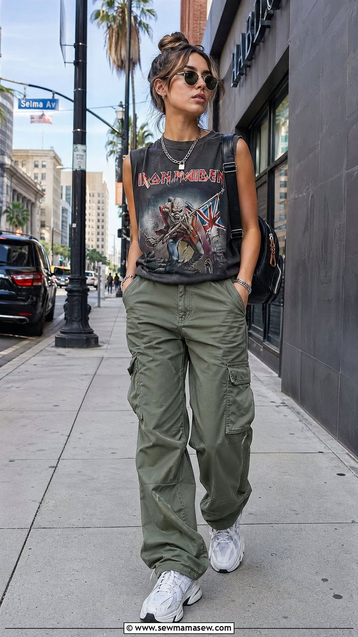 Graphic Tank Top With Cargo Pants and Chunky Sneakers - 35 summer tank top outfit ideas
