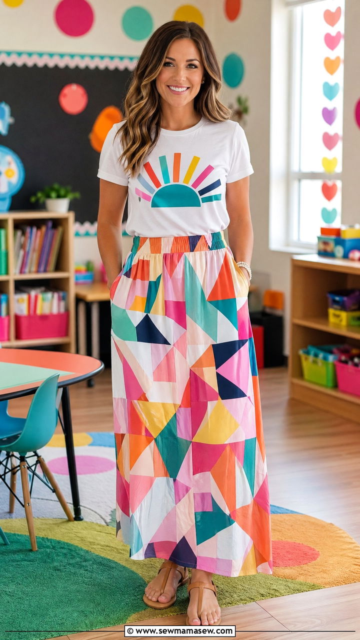 Graphic Teacher Tee with Bright Geometric Maxi Skirt and Flat Sandals - 35 Summer teacher outfits