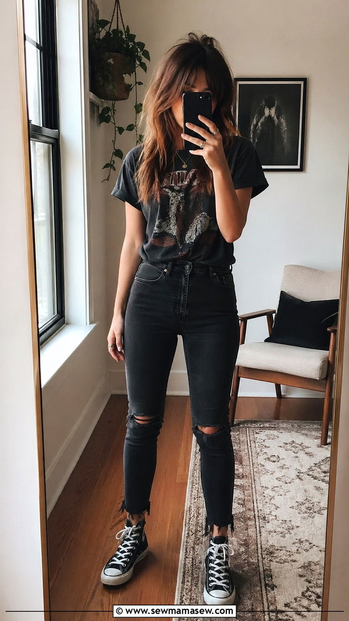 Graphic Tee And Black Ripped Jeans With Converse - 30 spring grunge outfit ideas