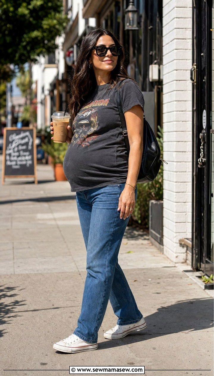 Graphic Tee And Maternity Jeans Outfit - 35 pregnancy outfit ideas