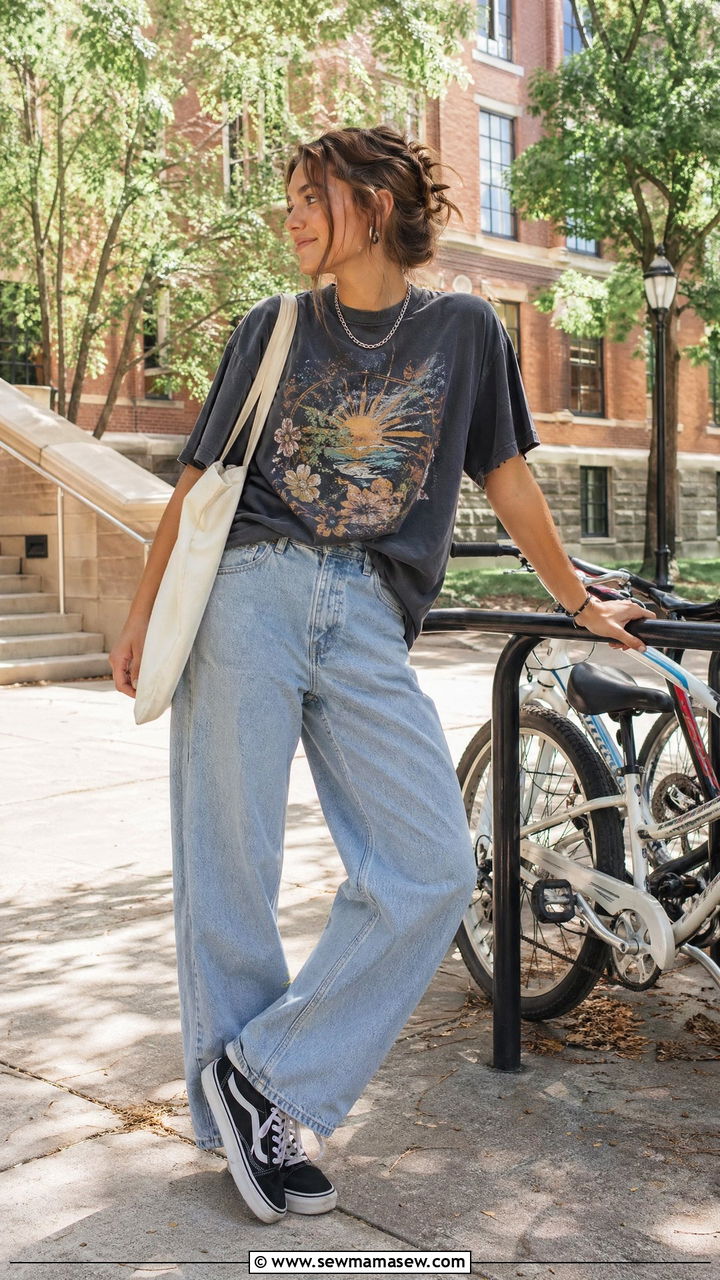Graphic Tee With Baggy Jeans and Skate Sneakers - 35 college outfits 2026