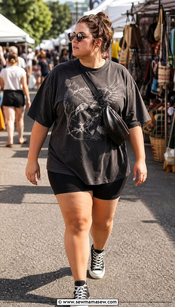 Graphic Tee With Bike Shorts and Sneakers - 35 Plus size gym outfit ideas