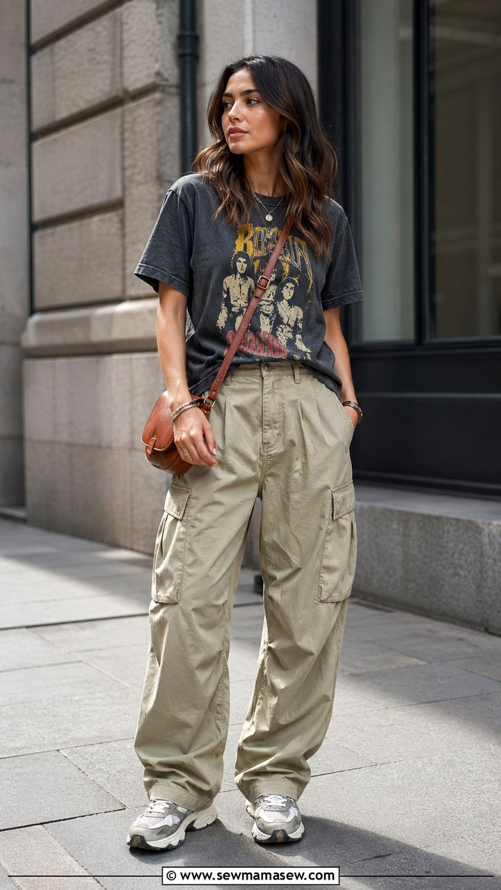 Graphic Tee With Cargo Pants and Chunky Sneakers - 30 Sporty chic outfit ideas with sneakers