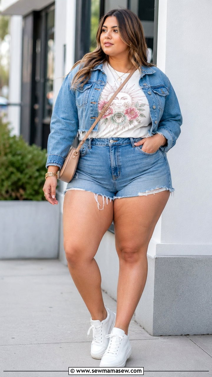 Graphic Tee With Denim Jacket And Shorts - 35 Plus size outfit ideas size 24 summer
