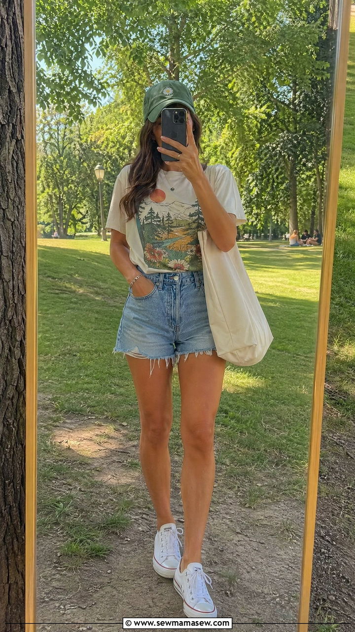 Graphic Tee With Denim Shorts - 35 What to wear for a summer picnic