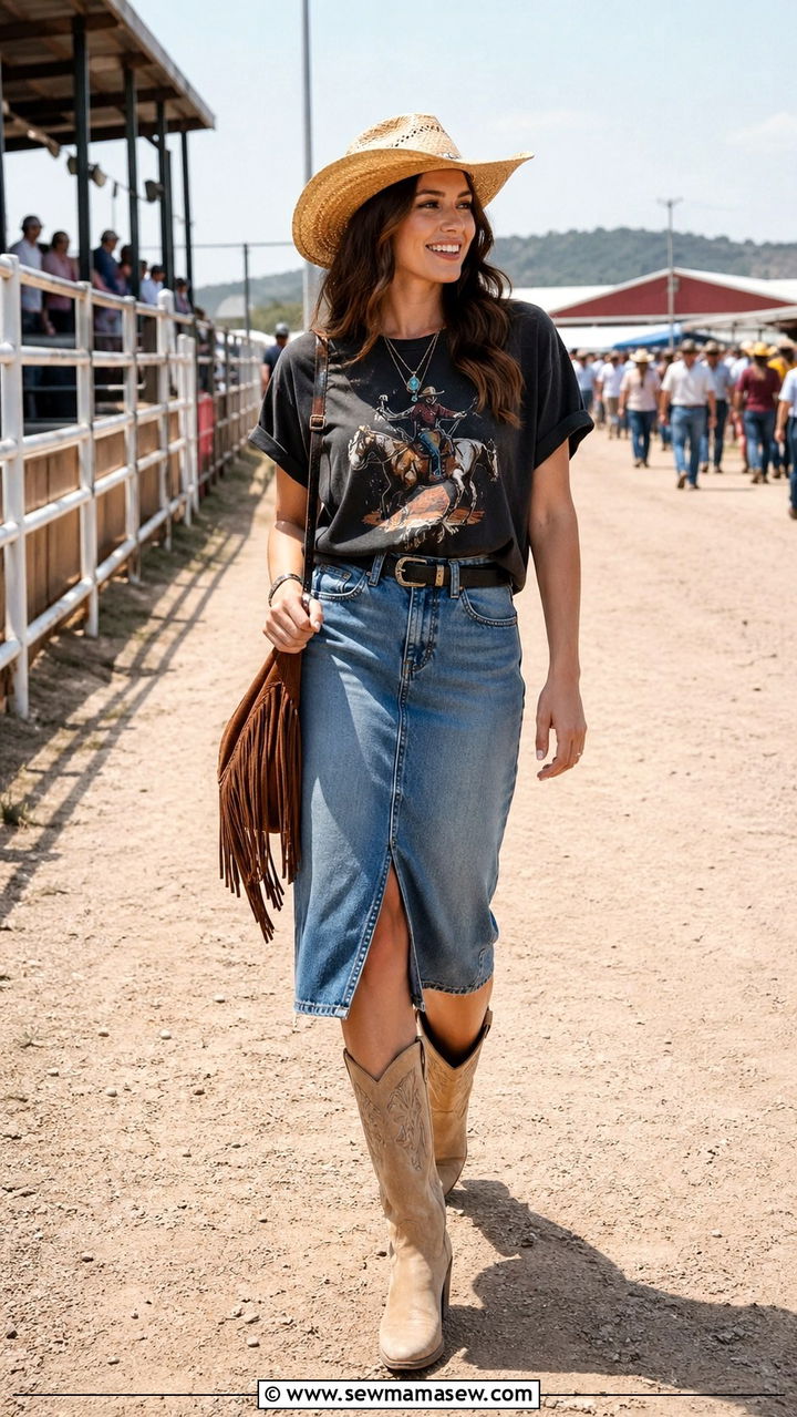 Graphic Tee With Denim Skirt - 30 Rodeo outfit ideas for women 2026