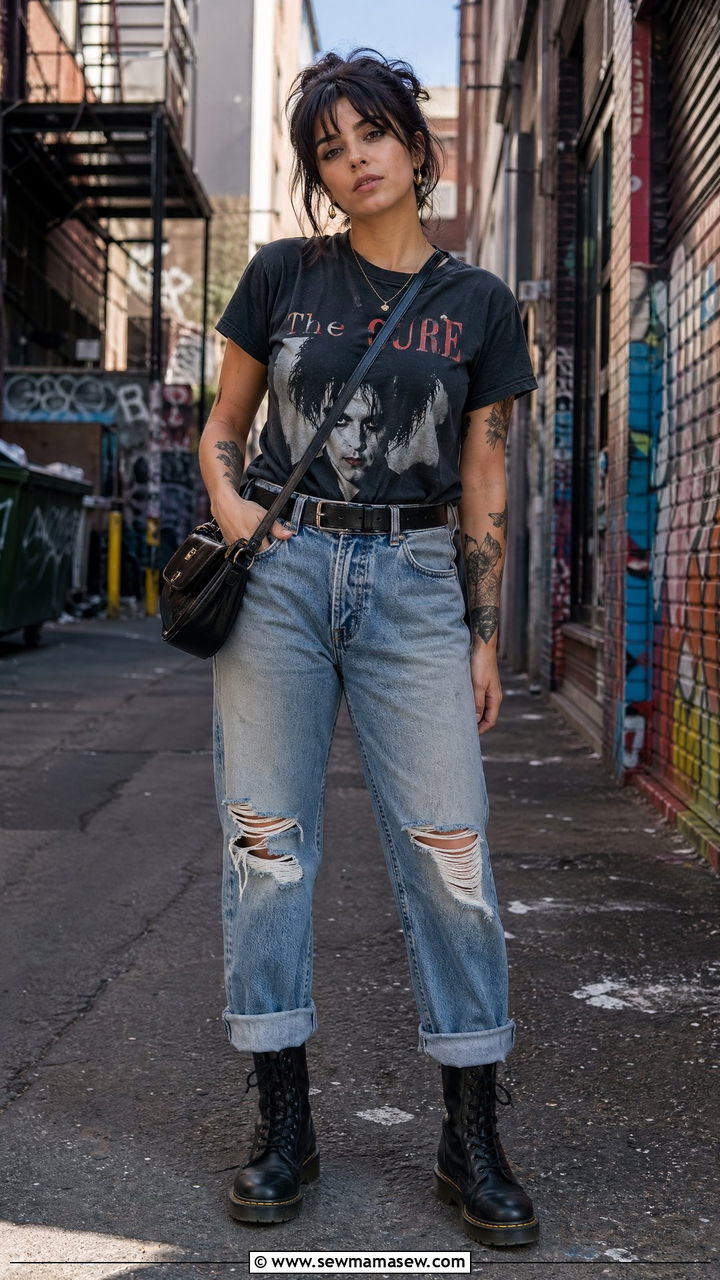 Graphic Tee With Distressed Jeans and Combat Boots - 35 casual outfits ideas