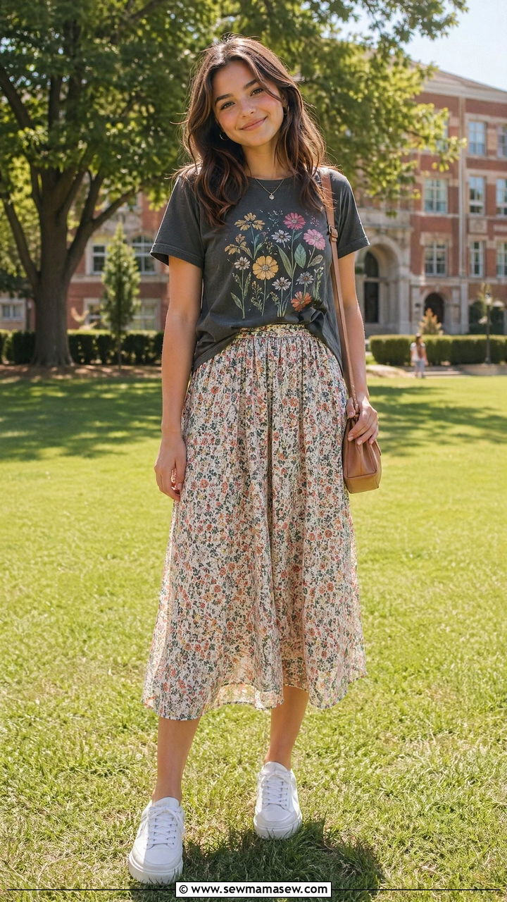 Graphic Tee With Flowing Printed Skirt - 35 spring school outfit ideas