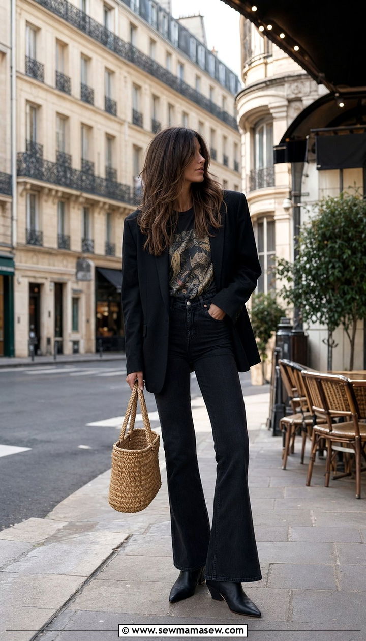 Graphic Tee With Oversized Blazer and Kick Flare Jeans - 35 Parisian spring outfit ideas