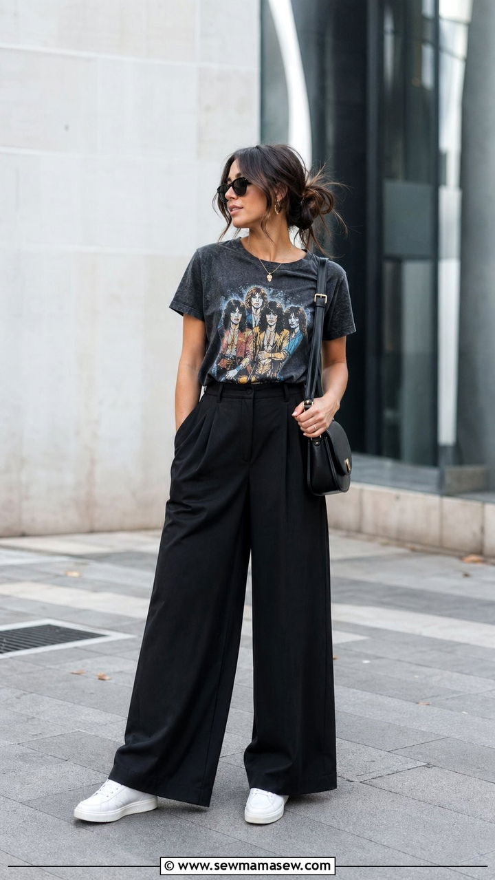 Graphic Tee With Palazzo Pants and White Sneakers - 35 palazzo pants outfit ideas for women