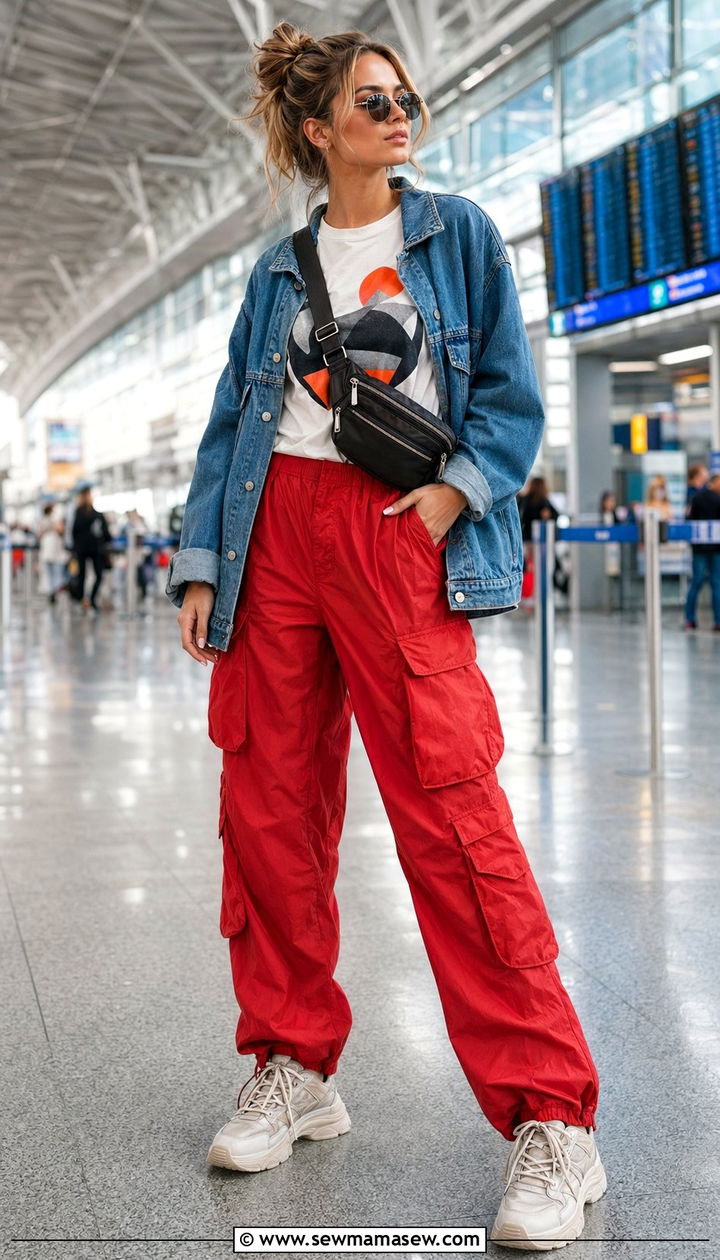 Graphic Tee With Parachute Cargo Pants - 30 airport outfits Pinterest
