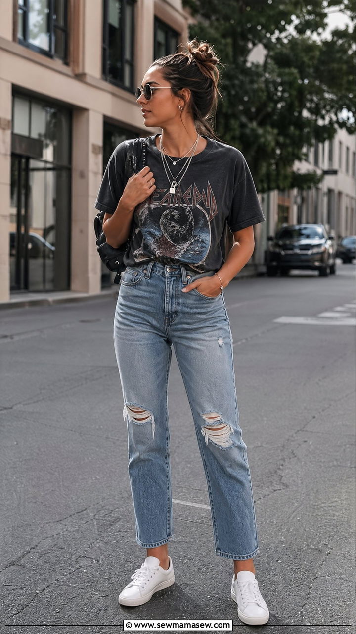 Graphic Tee With Ripped Jeans And Sneakers - 35 spring outfits for young adults