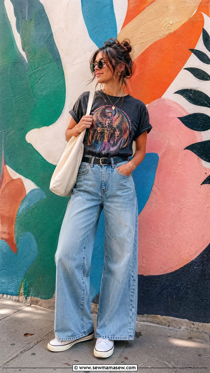 Graphic Tee With Wide Leg Jeans Outfit - 35 spring street style outfits