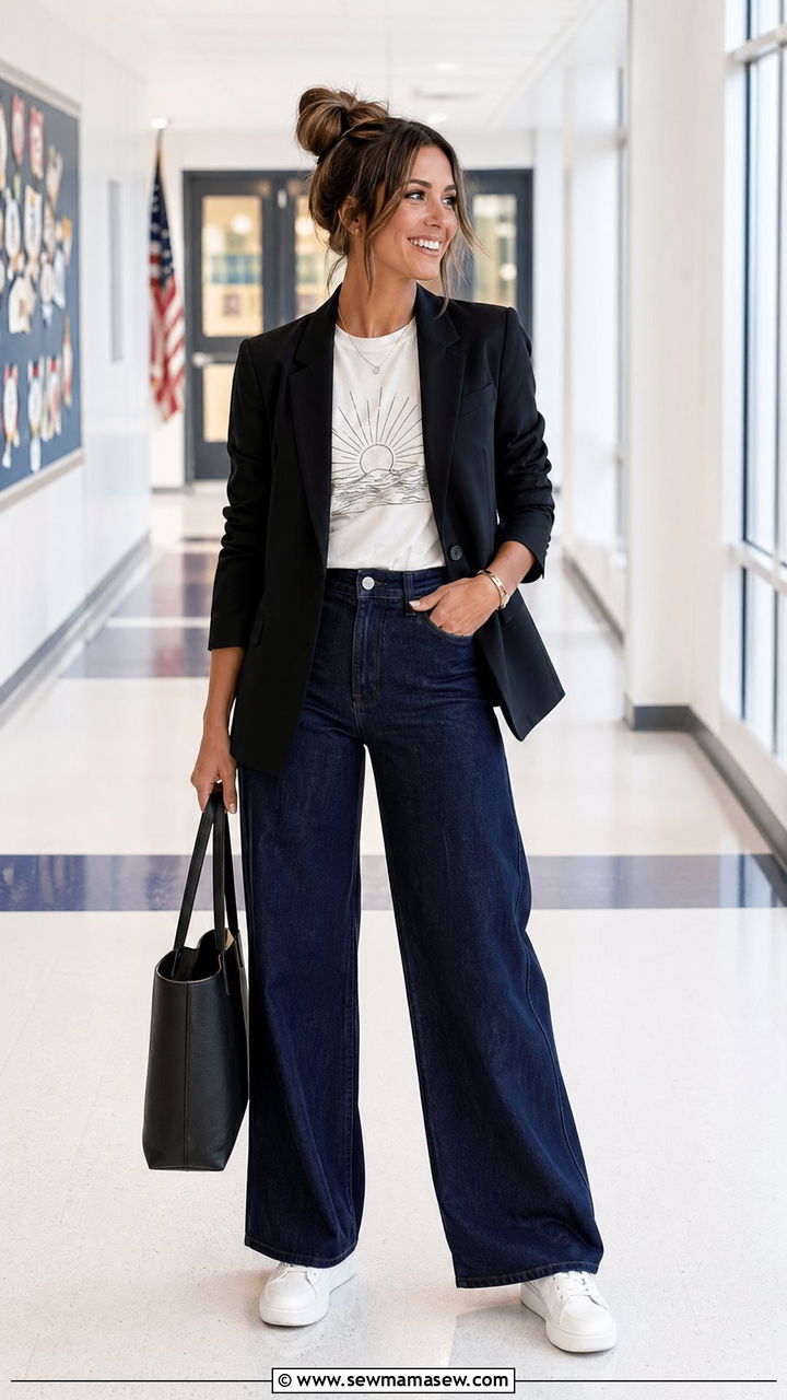 Graphic Tee With Wide Leg Jeans and Blazer and Sneakers - 35 teacher outfits for women