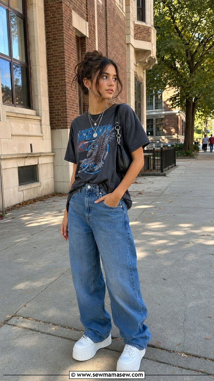 Graphic Tee and Baggy Jeans Outfit - 30 back to school outfits aesthetic