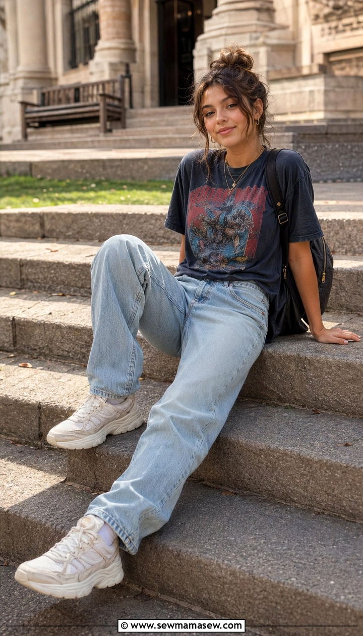 Graphic Tee and Baggy Jeans with Dad Sneakers - 30 Back to school outfit ideas college sophomore