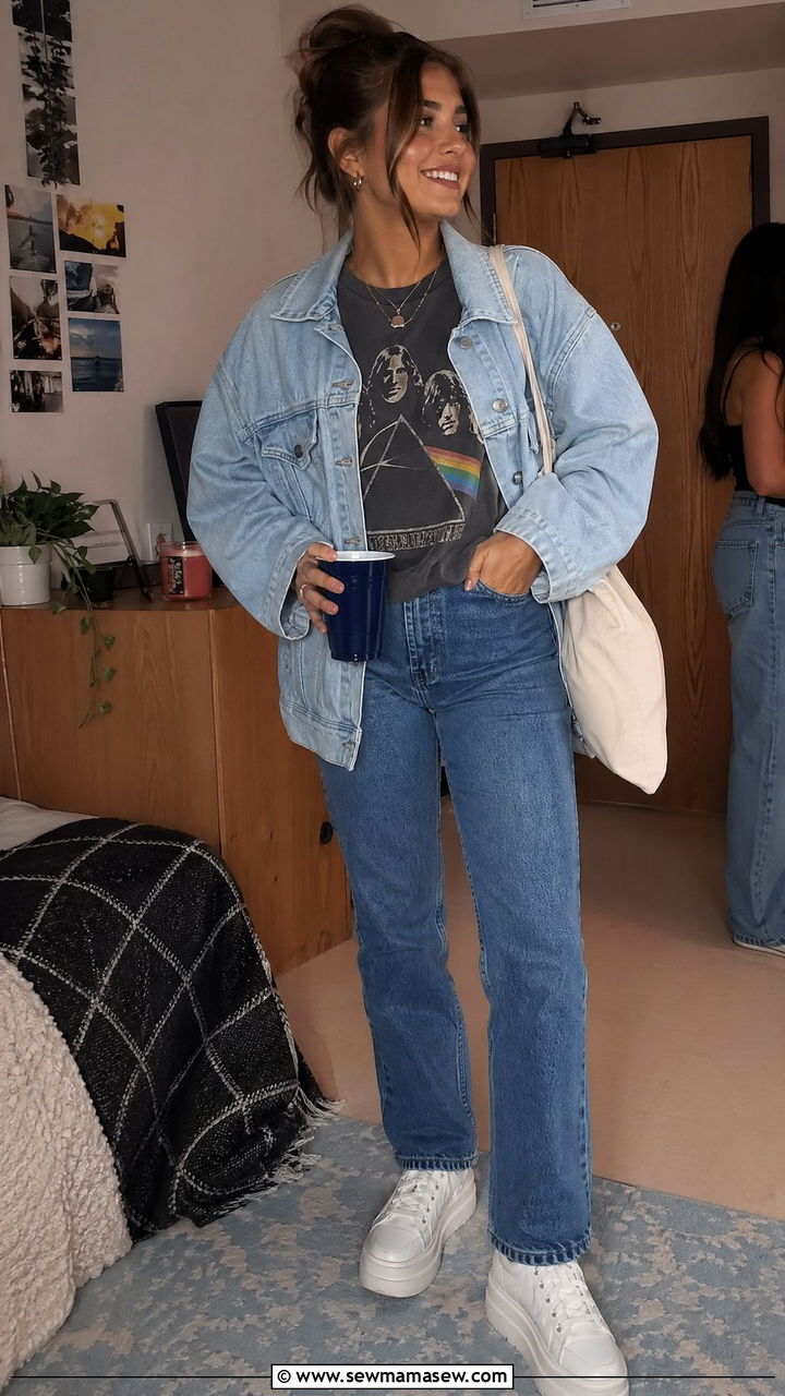 Graphic Tee and Denim Jacket College Party Look - 35 College party outfit ideas