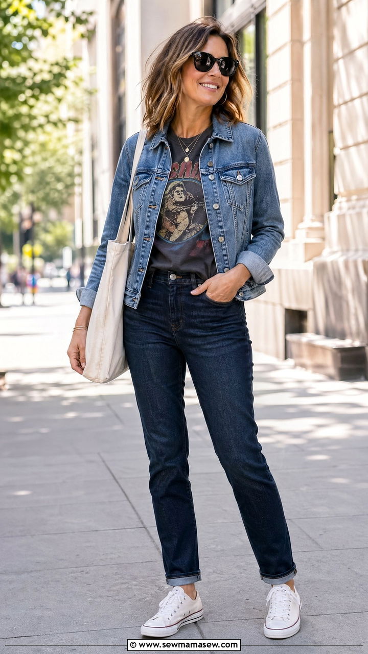 Graphic Tee and Denim Jacket Weekend Outfit - 35 Weekend outfit ideas for women over 40