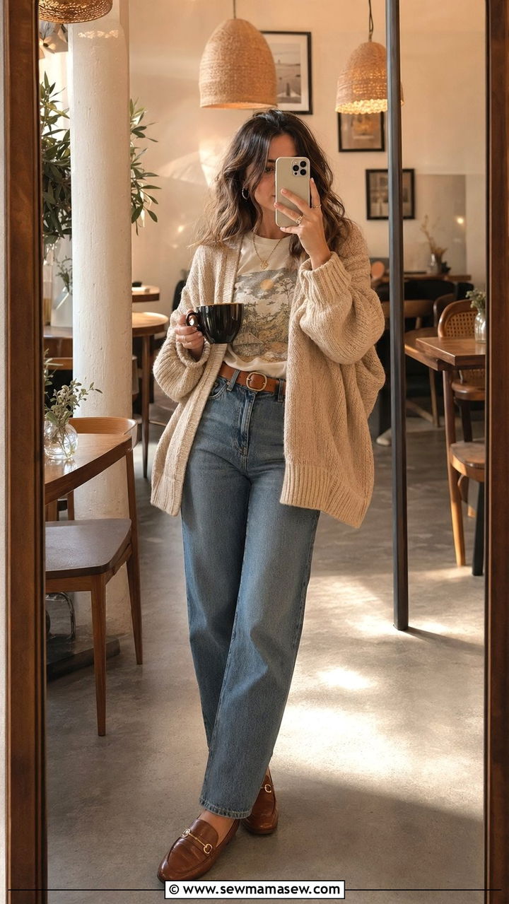 Graphic Tee and Oversized Cardigan Outfit - 35 mom outfit ideas