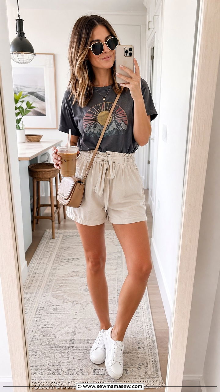 Graphic Tee and Paperbag Waist Shorts - 35 Summer capsule wardrobe for moms