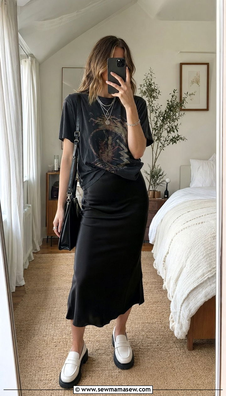 Graphic Tee and Satin Midi Skirt Outfit - 35 Outfit ideas for women in their 20s